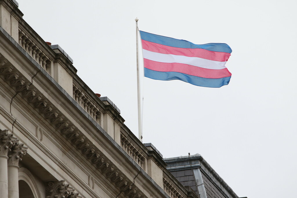 Transgender pride flag on top of building