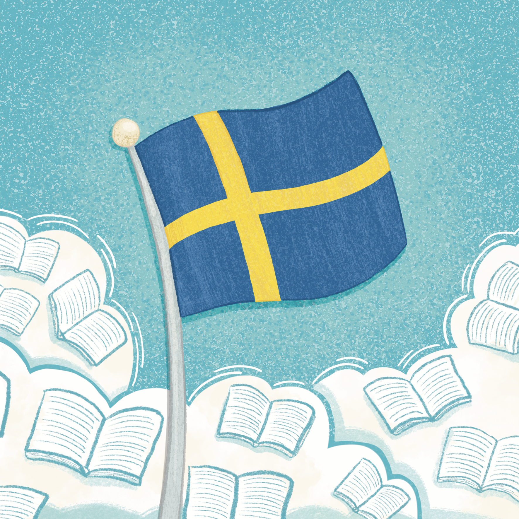 drawing of a Swedish flag surrounded by books