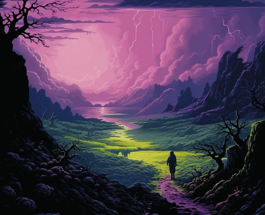 A scene created on an AI programme. The scene depicts a man walking along a path towards a lake, in the valley of a mountainy area, with the backdrop of a cloudy purple sky